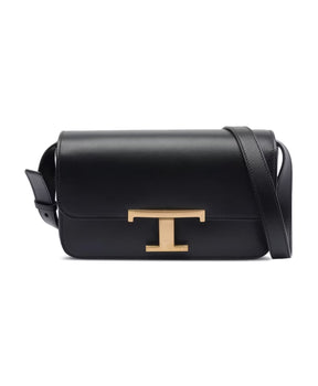 Black Leather Shoulder Bag with Push-Lock
