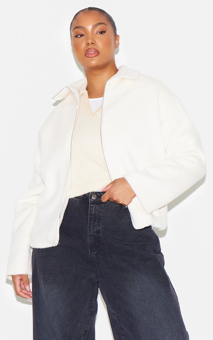 Plus Cream Wool Look Wide Collar Zip Up Jacket