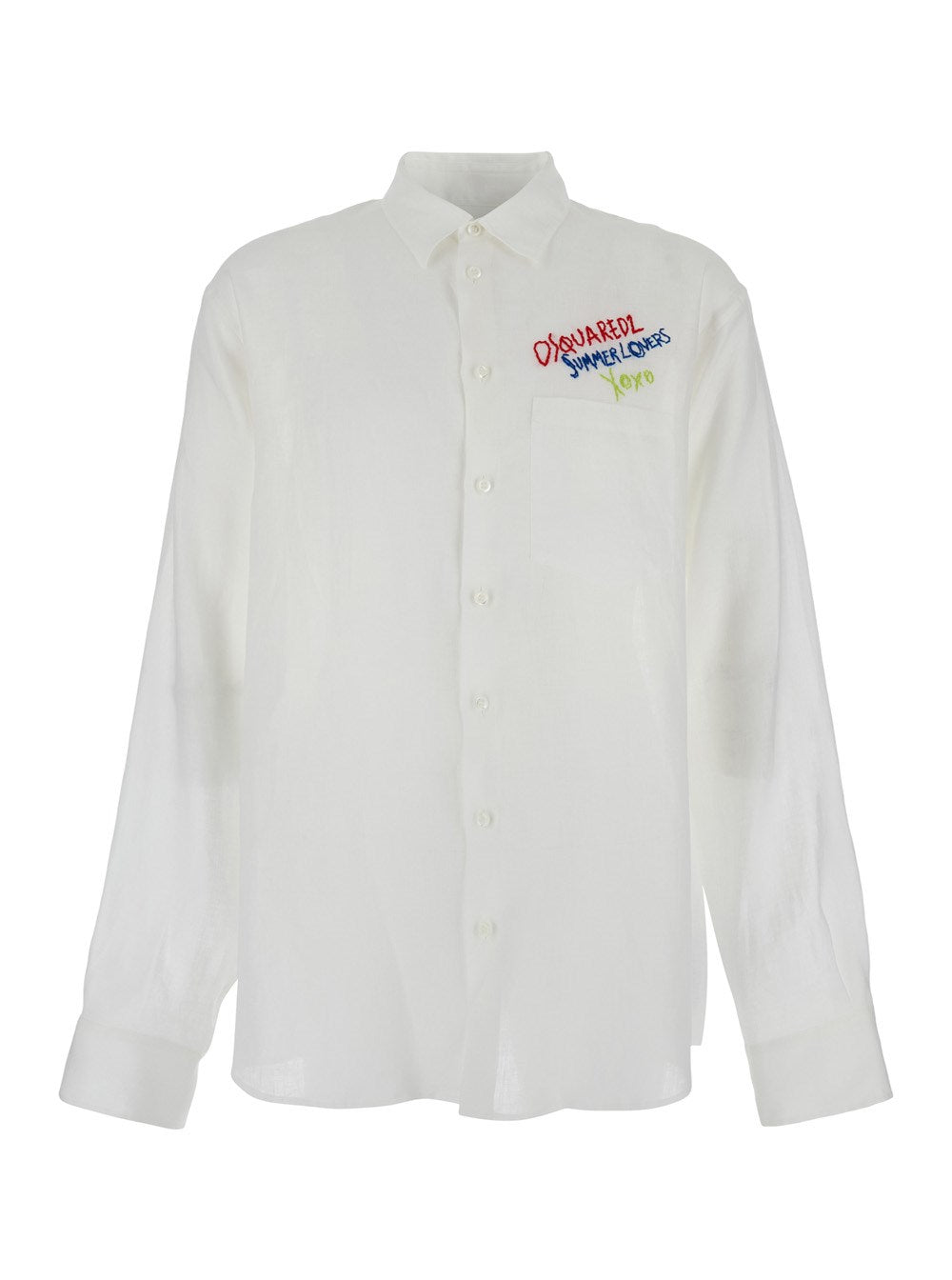 Dsquared2 White Shirt with Classic Collar and Embroidered Logo on the Front in Linen Man