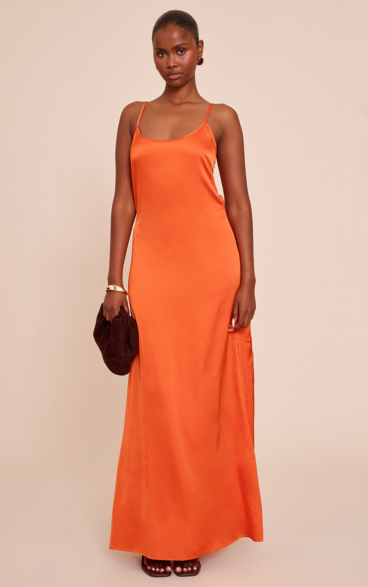 Orange Satin Scoop Neck Spaghetti Strap Maxi Dress