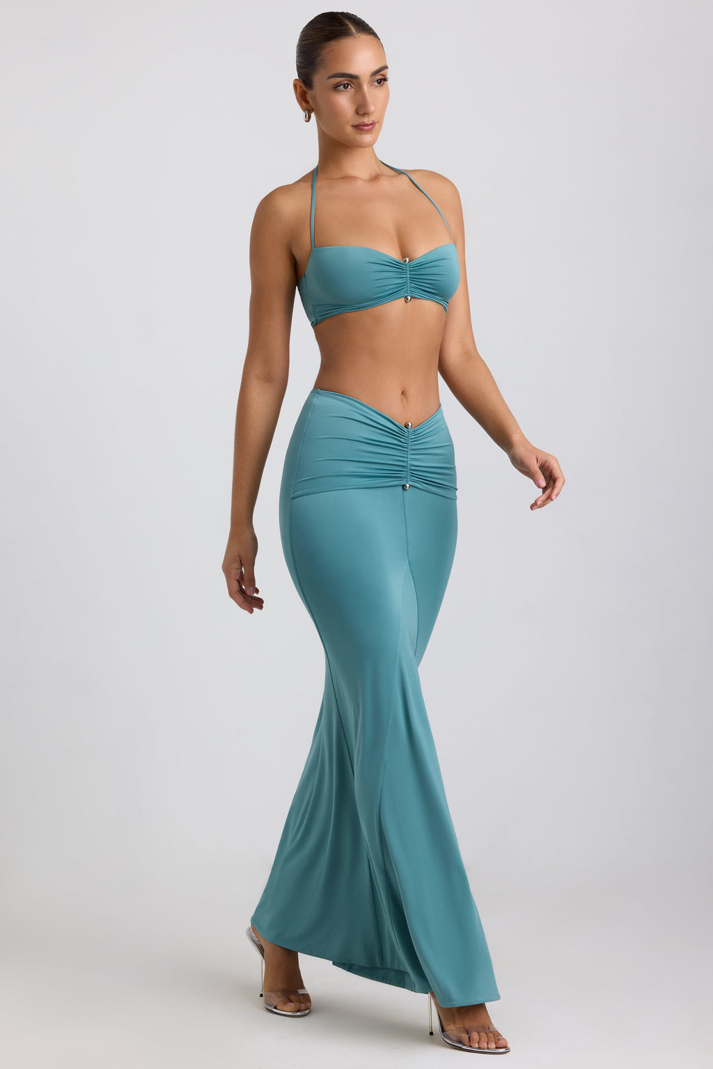 Slinky Jersey Hardware Detail Maxi Skirt in Sea Green
