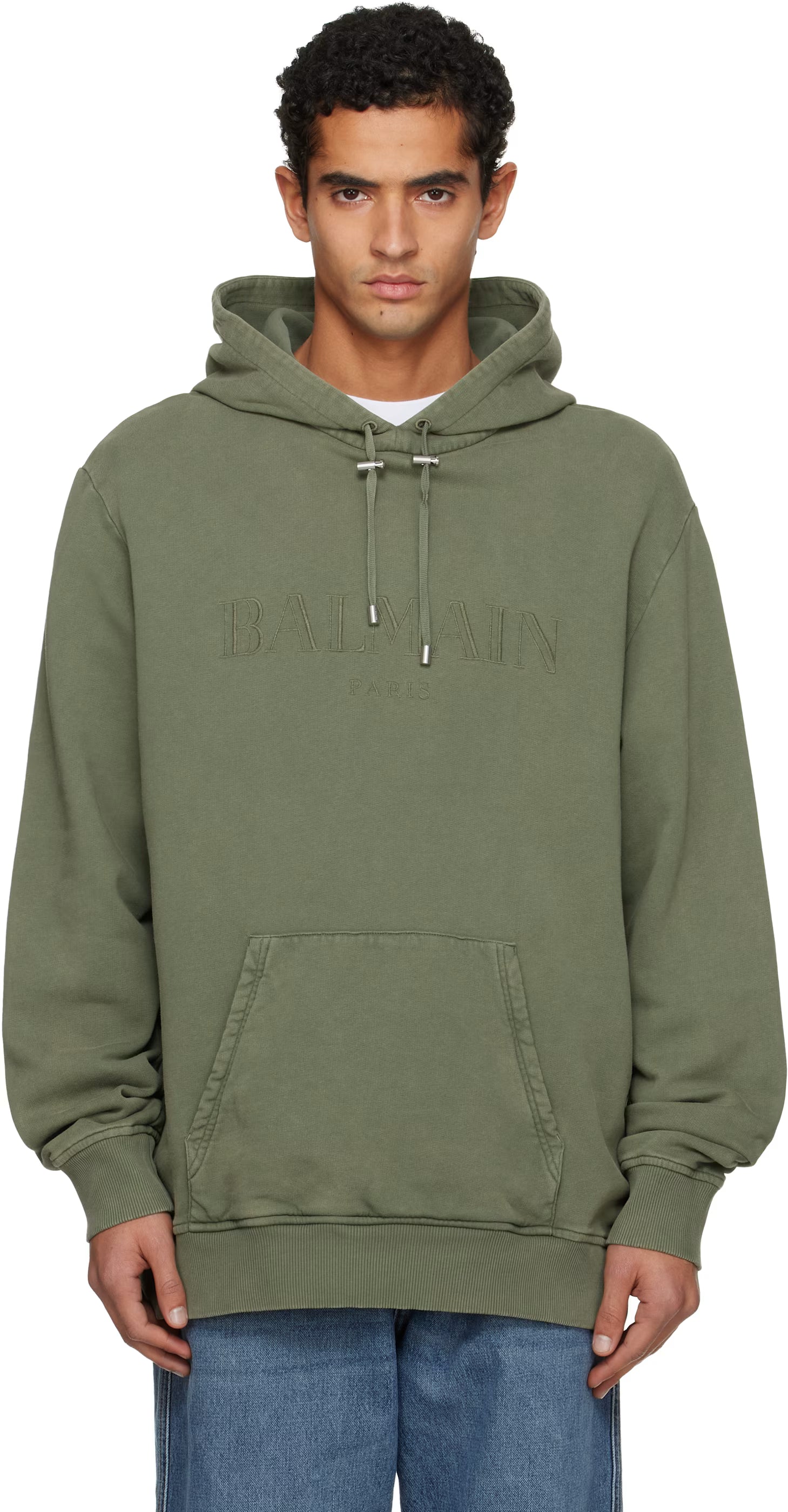 Khaki Vintage 'Balmain' Embroidered Hoodie