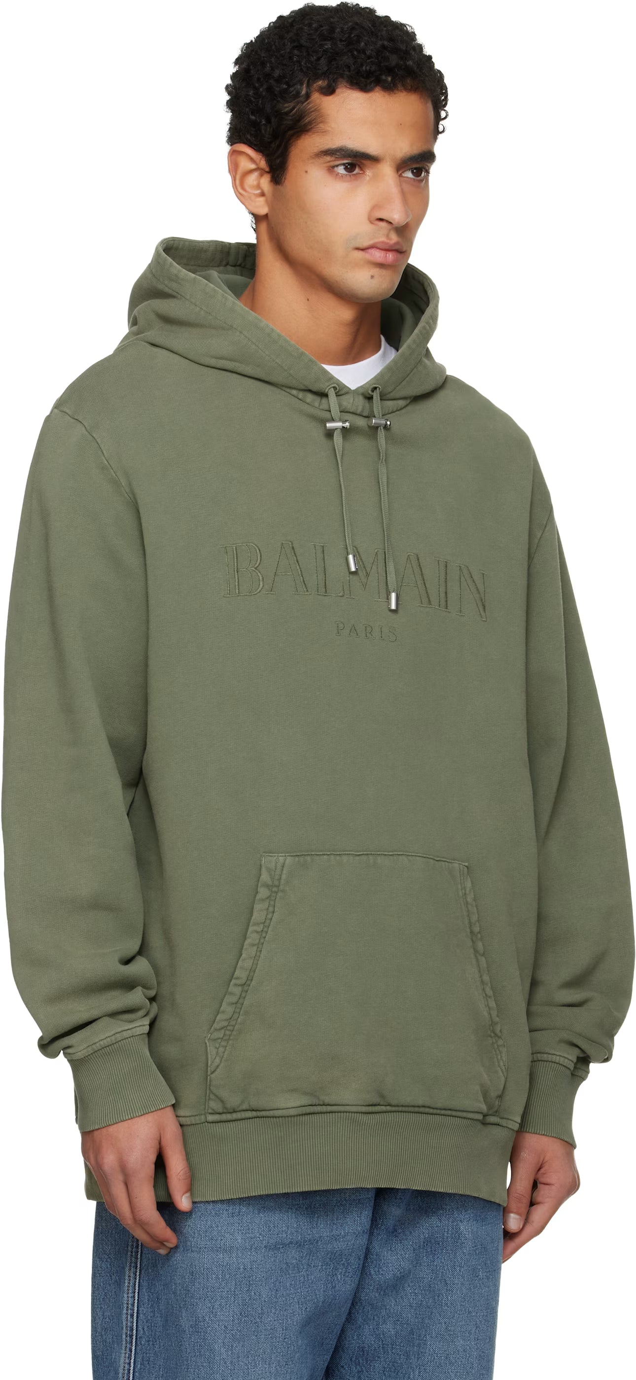 Khaki Vintage 'Balmain' Embroidered Hoodie