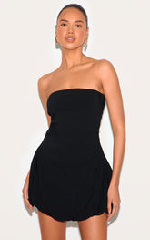 Black Stretch Woven Bandeau Puffball Mini Dress