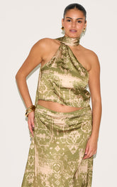 Plus Khaki Printed Satin Scarf Detail Crop Top
