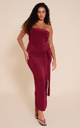 Plus Burgundy Tie Detail Bandeau Soft Touch Maxi Dress