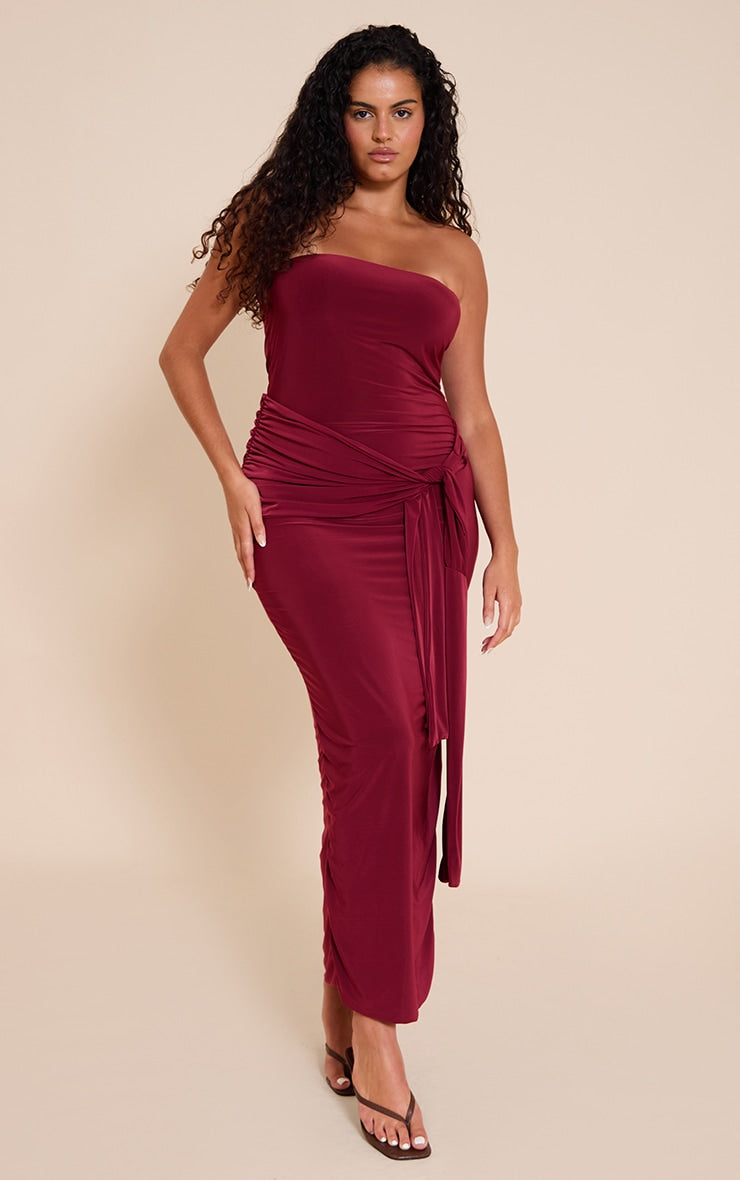 Plus Burgundy Tie Detail Bandeau Soft Touch Maxi Dress