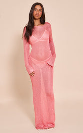 Petite Pink Long Sleeve Sequin Knitted Maxi Dress
