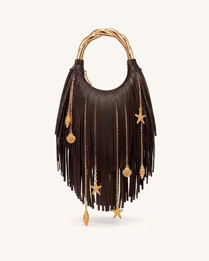 Chloe Metal Handle Fringe Top Handbag - Black