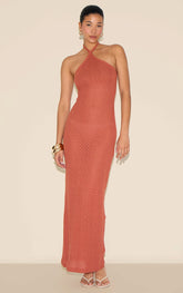 Rust Textured Tie Halter Maxi Dress