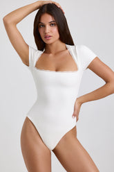 Ribbed Modal Lace-Trim Bodysuit in White