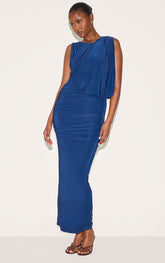 Navy Double Layer Slinky Drape Ruched Maxi Dress
