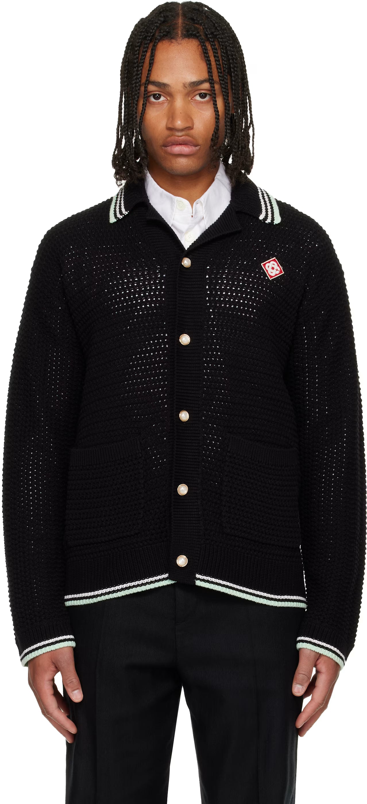 Black Embroidered Cotton Crochet Long Sleeve Shirt