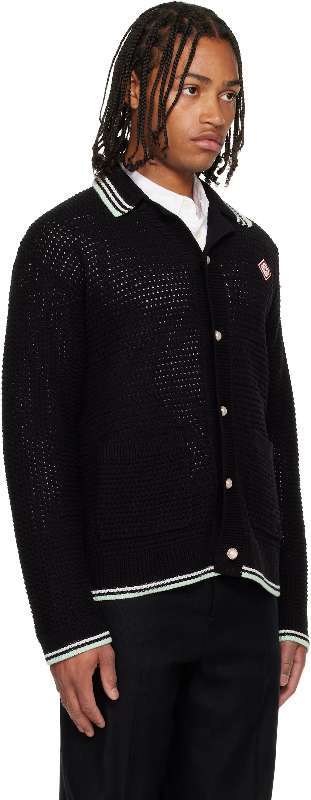 Black Embroidered Cotton Crochet Long Sleeve Shirt