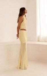 Lemon Mesh Ruched Low Rise Maxi Skirt