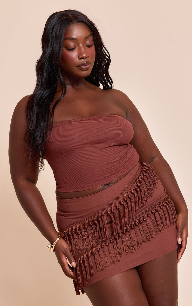 Plus Chocolate Linen Tassle Detail Mini Skirt
