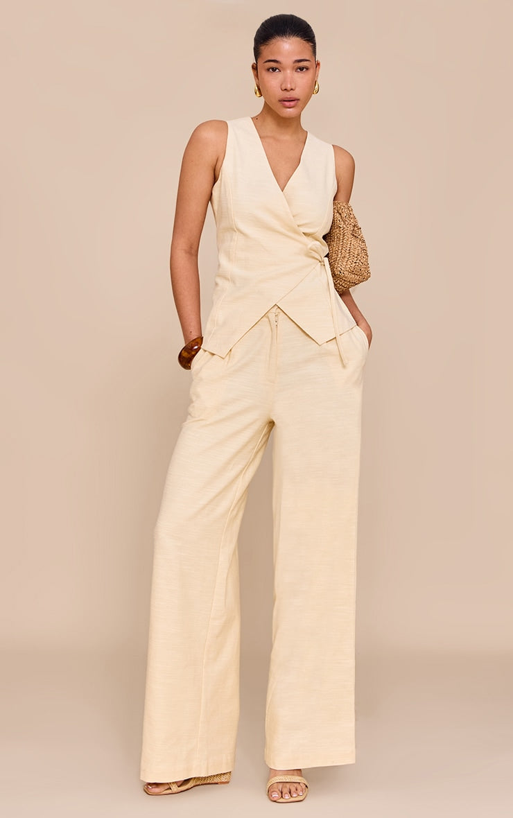 Almond Textured Pleat Mid Rise Wide Leg Trousers