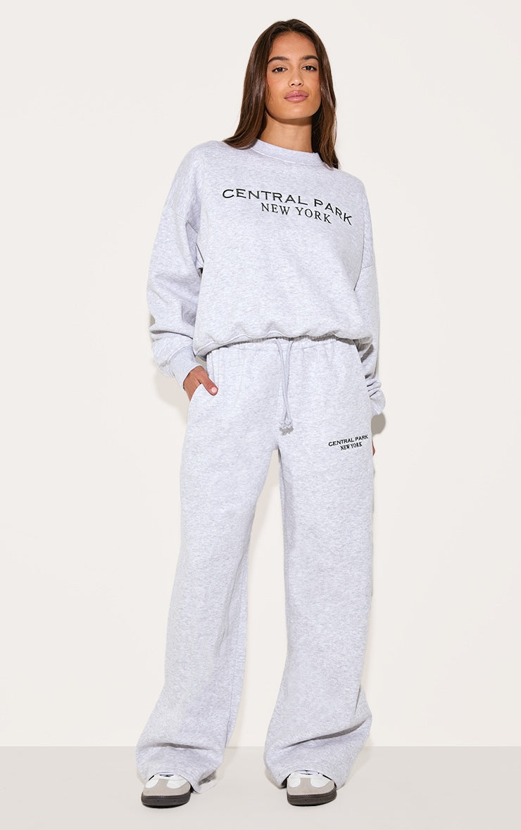 Ash Grey Central Park Embroidered Wide Leg Joggers