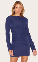 Navy Tailored Woven Ruched Detail Long Sleeve Bodycon Dress
