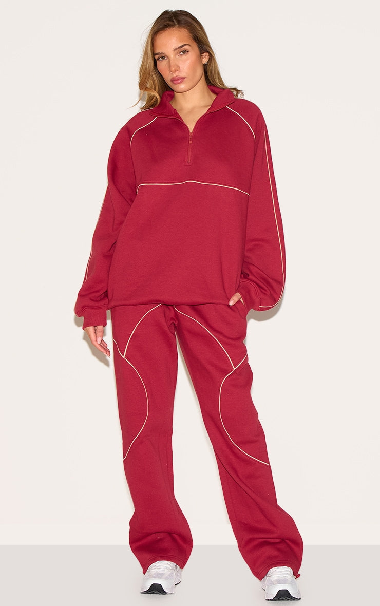 Red Oversized Contrast Piping Straight Leg Joggers