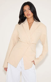 Beige Linen Look Tailored Cinched Waist Blazer