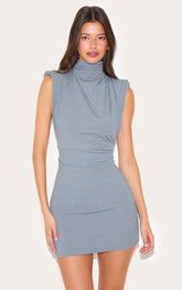 Grey Shoulder Pad Sleeveless Bodycon Dress