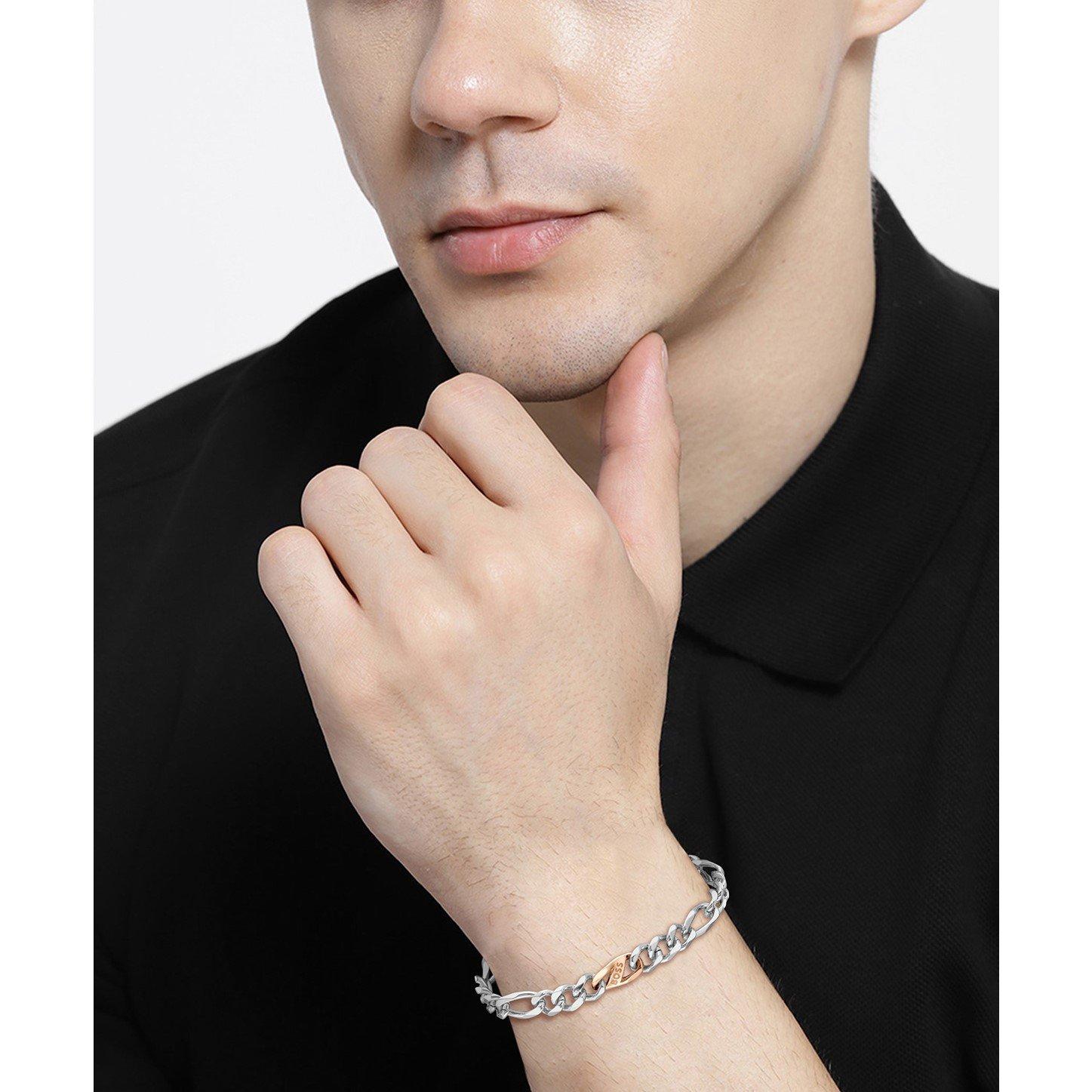 Gents BOSS Rian Stainless Steel and Rose Gold IP Figaro Bracelet