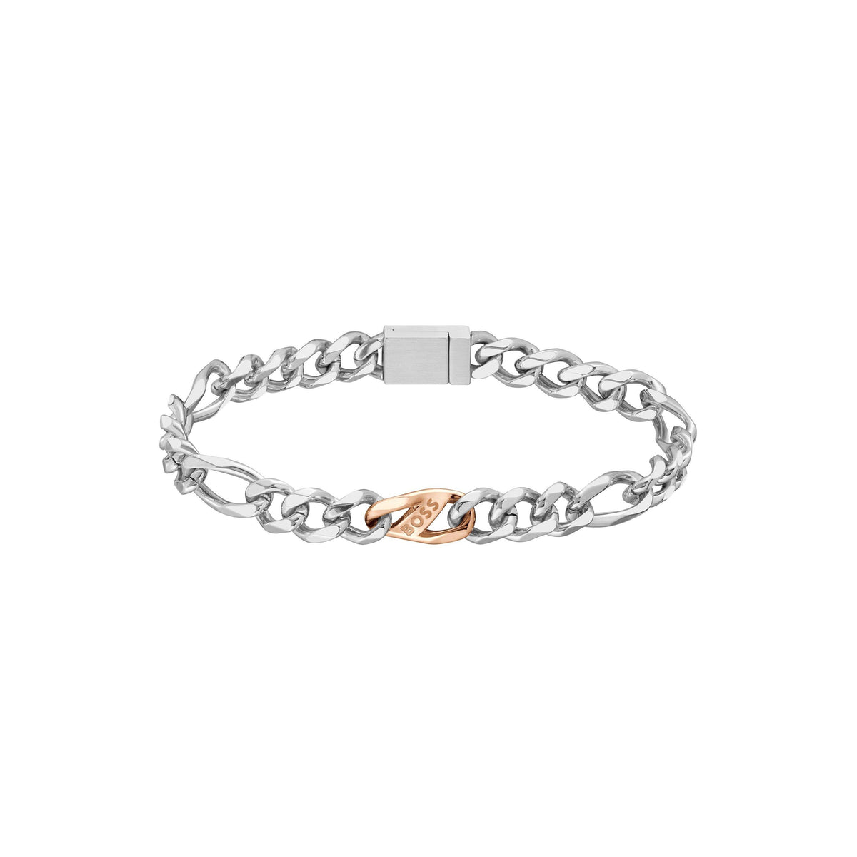 Gents BOSS Rian Stainless Steel and Rose Gold IP Figaro Bracelet
