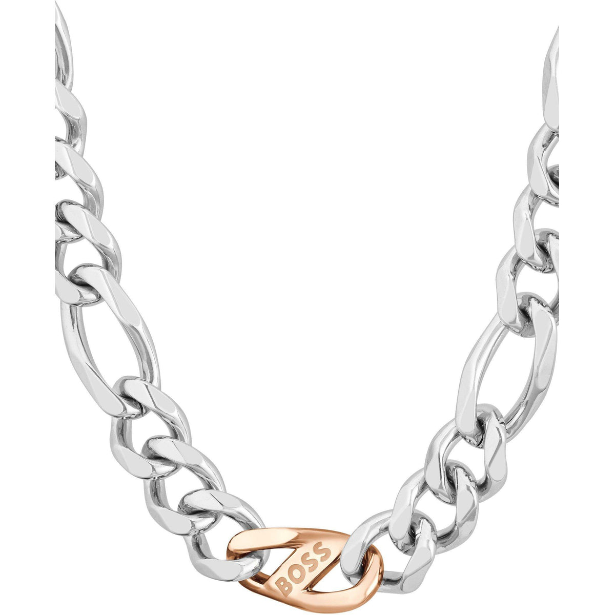 Gents BOSS Rian Stainless Steel and Carnation Gold IP Figaro Chain