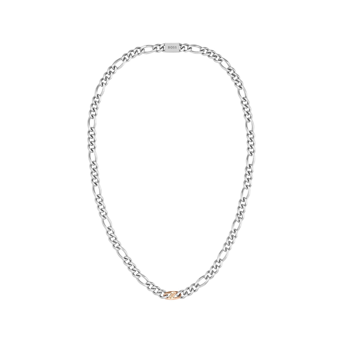 Gents BOSS Rian Stainless Steel and Carnation Gold IP Figaro Chain