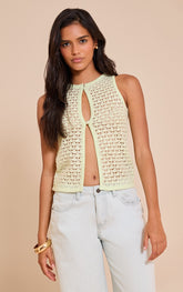Lime Crochet Knit Cut Out Pearled Button Waistcoat Top