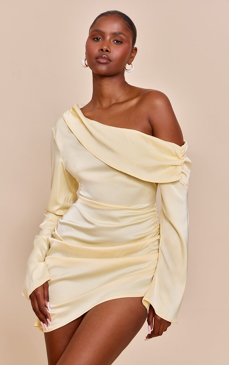 Butter Cream Satin One Shoulder Drape Bodycon Dress