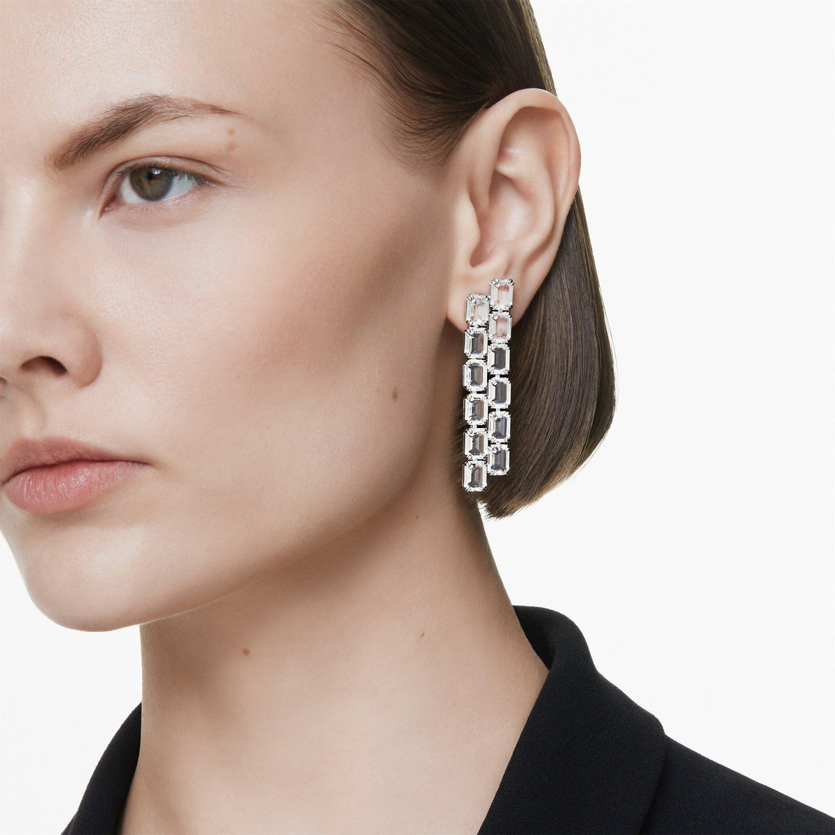 Millenia Clip Earrings, Octagon Cut, Long, White, Rhodium Plated