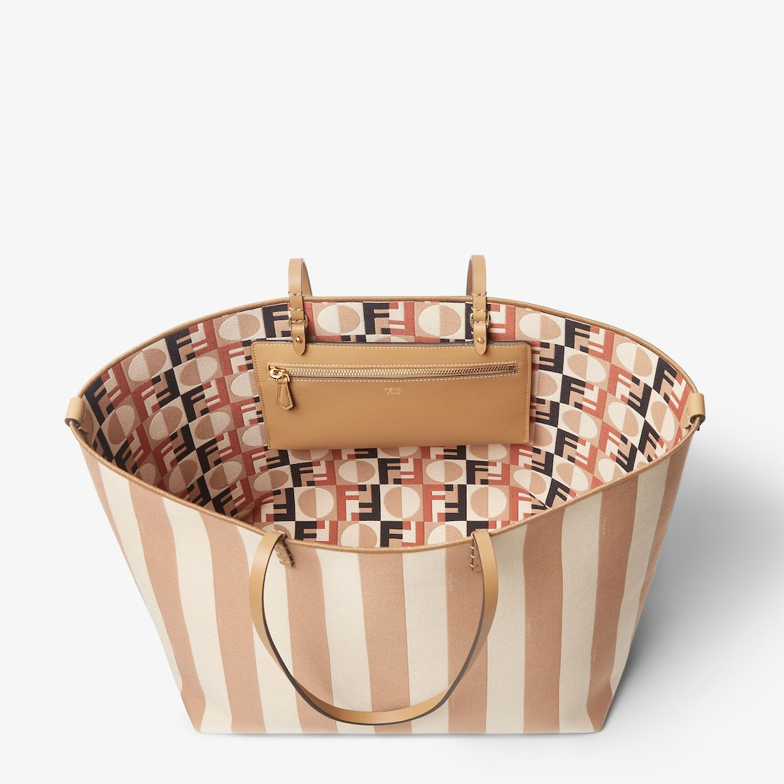 Cappuccino striped Pequin and Fendi Reversible Optical jacquard fabric shopper