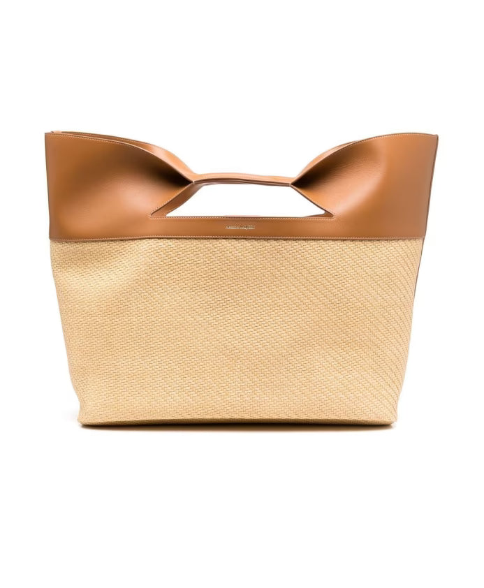 Beige Bow Straw-Woven Tote Bag