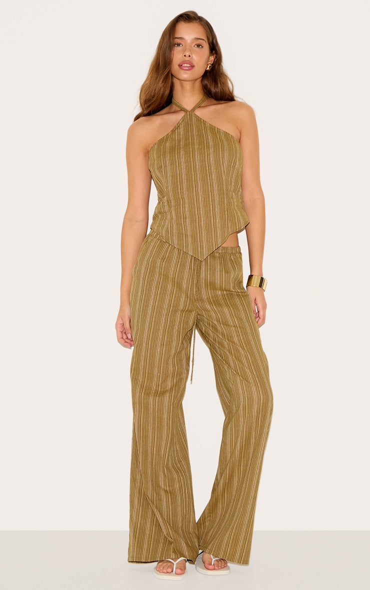 Khaki Pinstripe Tie Waist Cotton Trousers
