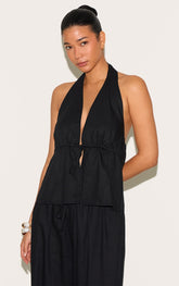 Black Linen Look Tie Waist Longline Top