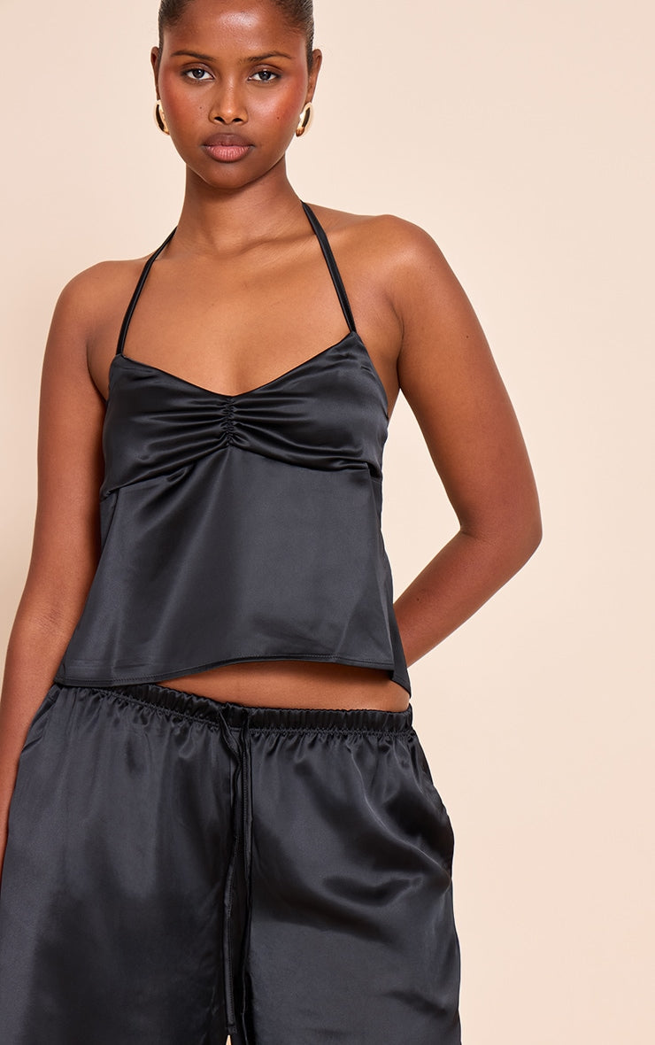 Black Satin Ruched Backless Tie Cami Top