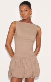 Taupe Stretch Woven Puffball Dress