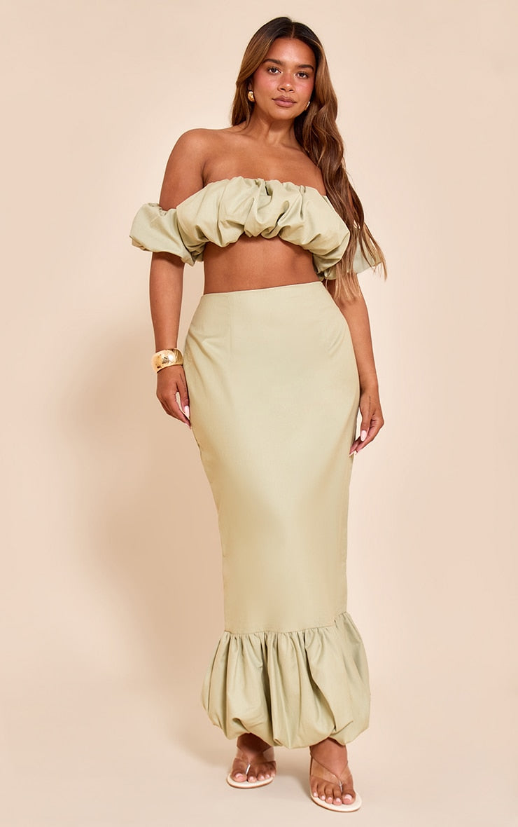 Shape Pale Lime Woven Dropped Hem Puffball Maxi Skirt