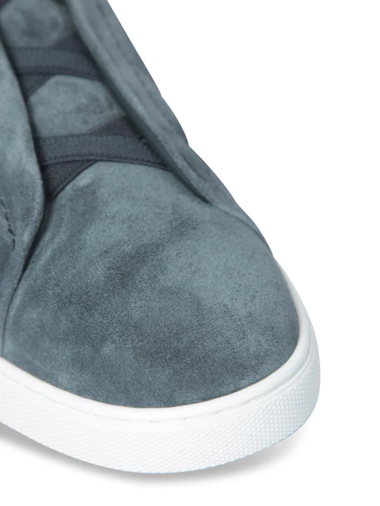 Zegna Men’s Teal Blue Suede Slip-On Sneakers – Triple Stitch Closure & White Rubber Sole