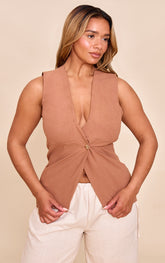 Shape Mocha Linen Plunge Front Ruched Gold Hammered Button Waistcoat