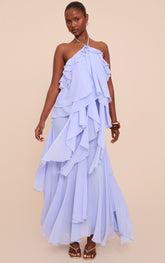 Light Blue Chiffon Frill Halterneck Floaty Maxi Dress