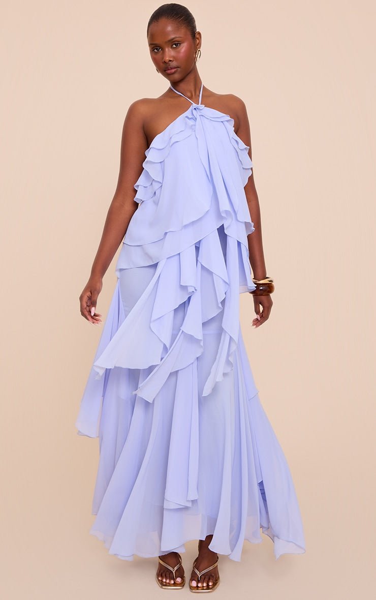 Light Blue Chiffon Frill Halterneck Floaty Maxi Dress