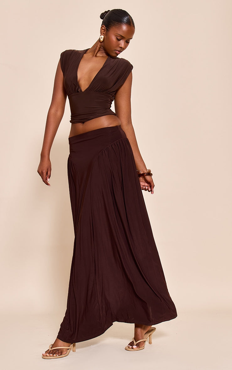 Chocolate Slinky Drop Waist Ruched Panel Maxi Skirt