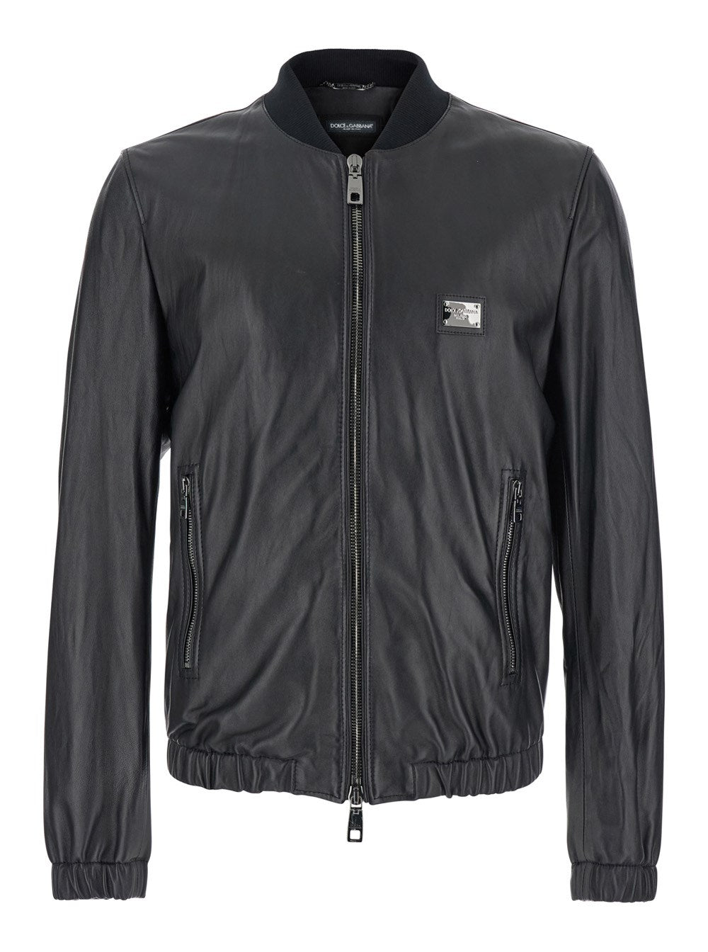 Dolce e gabbana Black Jacket with Metal Logo Patch on the Chest in Leather Man
