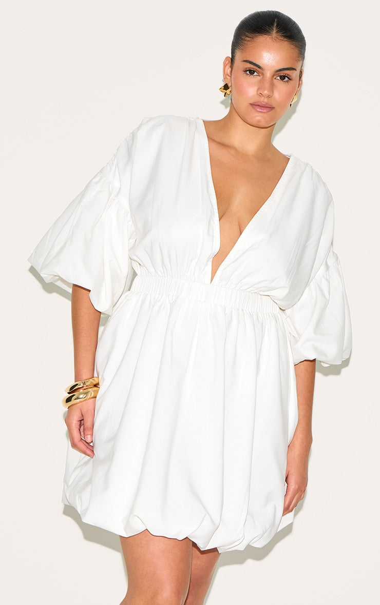 Plus White Puff Sleeve Puffball Hem Dress