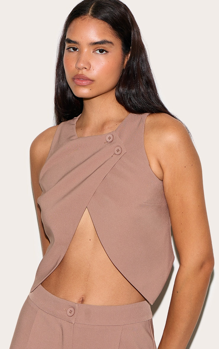 Tall Taupe Asymmetric Button Detail Waistcoat