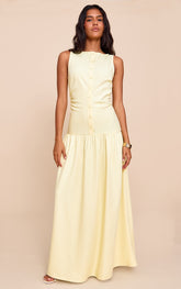 Lemon Woven Button Dropped Waist Maxi Dress