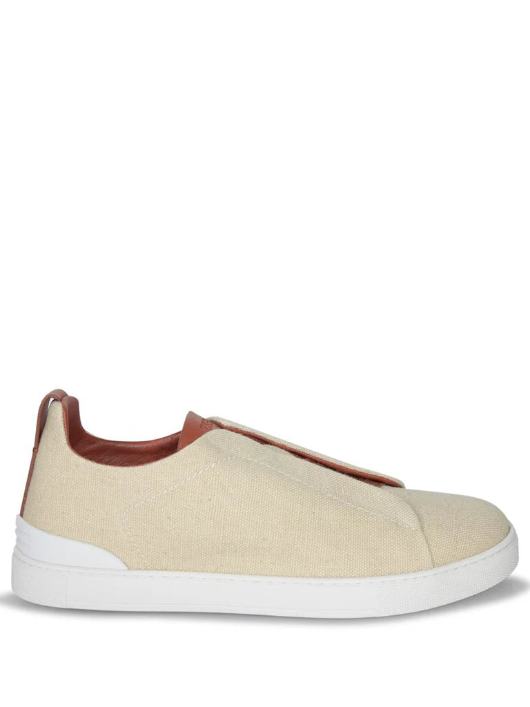 Zegna Beige Linen Sneakers with Brown Leather Accents